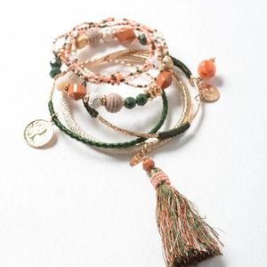 Boho Charm Beaded Tasseled Neutrals Earthy Bangle 5 Piece Bracelet Stack Set